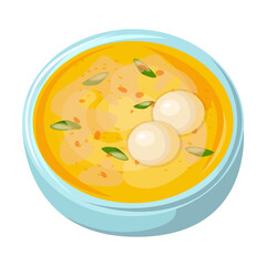 Asian street food on plate. Vector illustration of spicy Chinese and Korean meals. Cartoon top view of bowl isolated on white. Restaurant menu concept