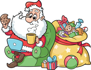Santa Claus with laptop and big sack of gifts