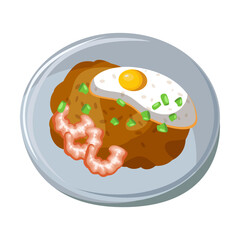 Asian street food on plate. Vector illustration of spicy Chinese and Korean meals. Cartoon top view of bowl with fried egg and shrimp isolated on white. Restaurant menu concept