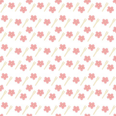 Sakura mochi pattern5. Seamless pattern with sakura flower and fork for sakura mochi. Doodle cartoon vector illustration.