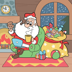 Santa Claus with laptop sitting by fireplace 2