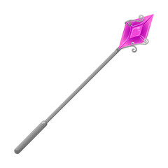 Colorful magic wand for wizard illustration. Metal magician walking stick with crystal for game, app interface. Staff and equipment for witches. Fantasy, fairy tale concept