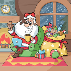 Santa Claus with laptop sitting by fireplace