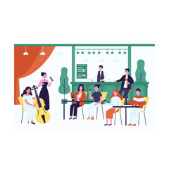 Customers enjoying wine and live music at bar. Female singer performing song, musician playing cello flat vector illustration. Entertainment, music concept for banner