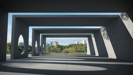 Space for products showcases in a concrete hallway with the park background.
