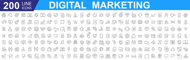 Big set of 200 Digital Marketing web icons. Outline web icons set - Search Engine Optimization. Containing seo, content, website, social media. Communication, marketing, ecommerce.  - obrazy, fototapety, plakaty