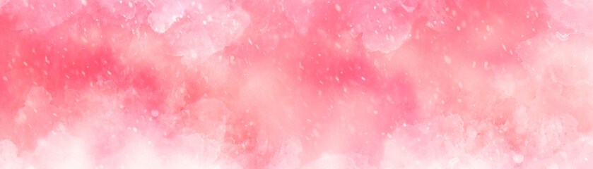 Colorful watercolor background of abstract sunset sky with puffy clouds in bright rainbow colors of pink blue yellow orange and purple