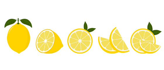 Fresh lemon fruit. Collection of lemone vector icons isolated on white background. Vector - obrazy, fototapety, plakaty