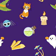 Pattern with Halloween elements. Seamless background. Cartoon, flat, vector