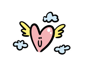 Vector illustration of doodle cartoon heart with wings flies in the sky.