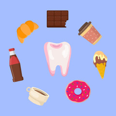 Desserts around healthy white tooth vector illustration. Collection of cartoon drawings of soda, croissant, chocolate bar, coffee and tooth on blue background. Health, stomatology, protection concept