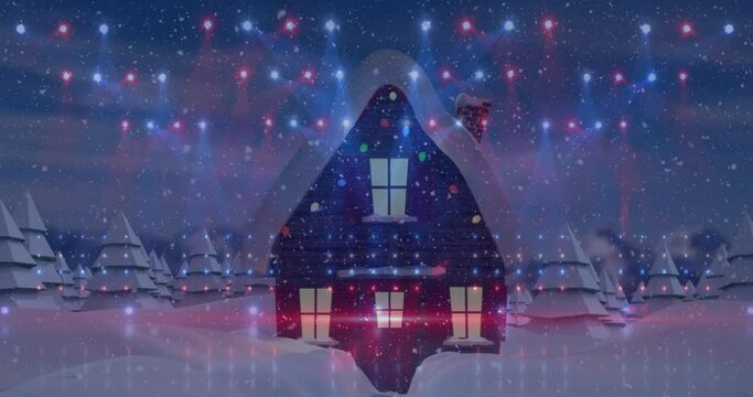 Animation of falling snow and lights over christmas tree on house and winter scenery