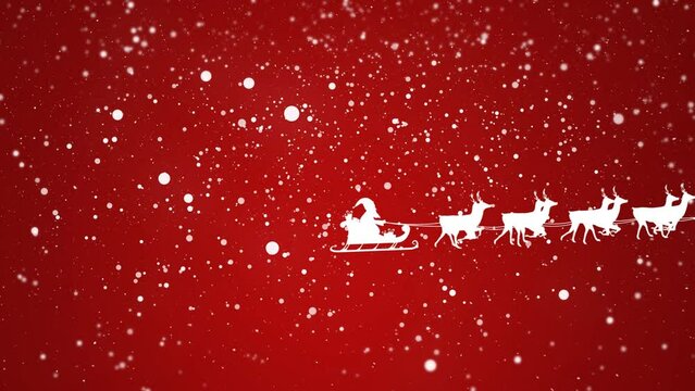 Animation of white santa claus in sleigh with reindeer over snow falling on red background