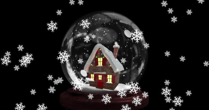 Animation of snow flakes falling over house icon in a snow globe against black background