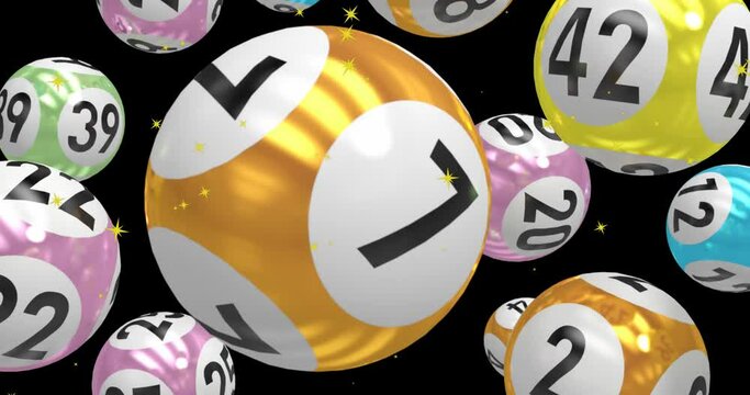 Animation of golden star icons and pool balls with numbers floating against black background