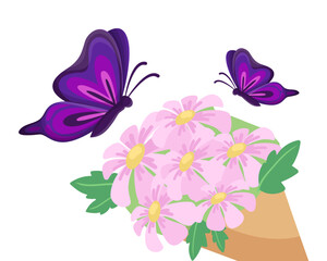 Naklejka na ściany i meble Purple butterflies flying towards bouquet vector illustration. Cartoon drawing of insects with wings above flowers isolated on white background. Nature, spring, celebration concept