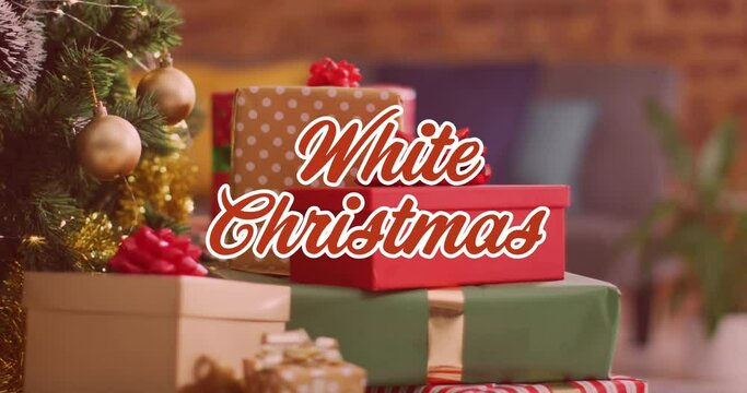 Animation of christmas greetings text over christmas presents and decorations