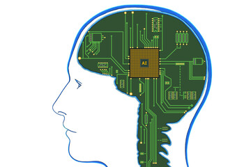 Concept 3d illustration of electronic chip in form of human brain in electronic cyberspace. Artificial intelligence in brain.