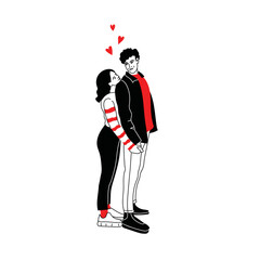 Love tenderness and romantic feelings concept. Young loving smiling couple boy and girl standing hugging each other feeling in love illustration