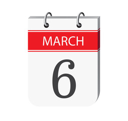 6 march calendar page vector. 3d one day calendar date appointment, event reminder illustration. Abstract three dimensional daily date calendar.
