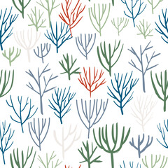 Forest tree seamless pattern. Abstract ink hand drawn wood silhouette. Line creative repeat print. Vector seamless pattern for wallpaper, textile, cover. Modern graphic print. Winter tree silhouette