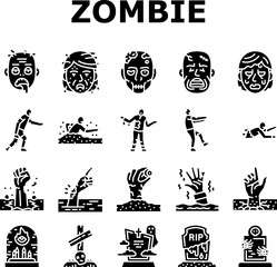 zombie horror scary dead evil icons set vector. monster creepy, hand death, undead nightmare, man fear, apocalypse blood hell zombie horror scary dead evil glyph pictogram Illustrations