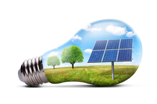 Eco LED light bulb with solar panel isolated on transparent background, PNG. Concept of green energy.