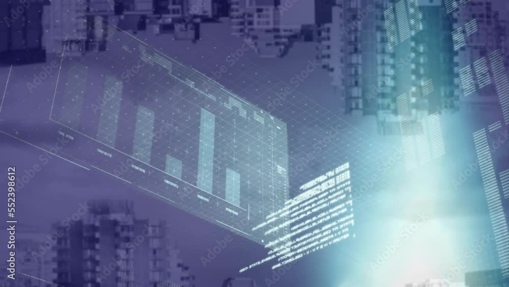 Poster animation of data processing and light spot against aerial view of cityscape with shadow effect