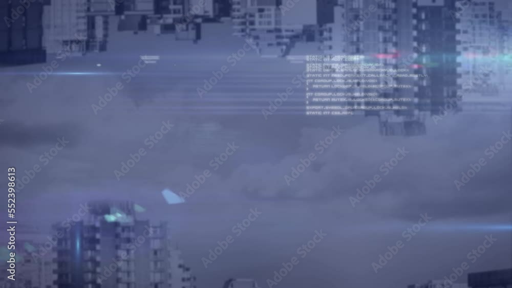 Poster animation of data processing and light spots against aerial view of cityscape with shadow effect