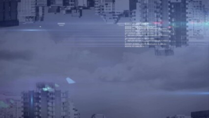 Animation of data processing and light spots against aerial view of cityscape with shadow effect - Powered by Adobe