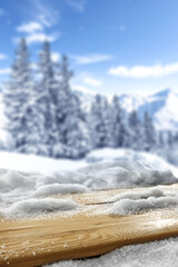Desk of free space and winter landscape of mountains. 