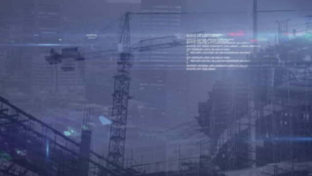 Animation of data processing and light spots against construction site