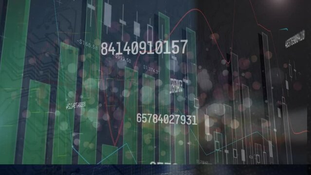 This video clip is a digital composite of various financial charts set against a cityscape by night