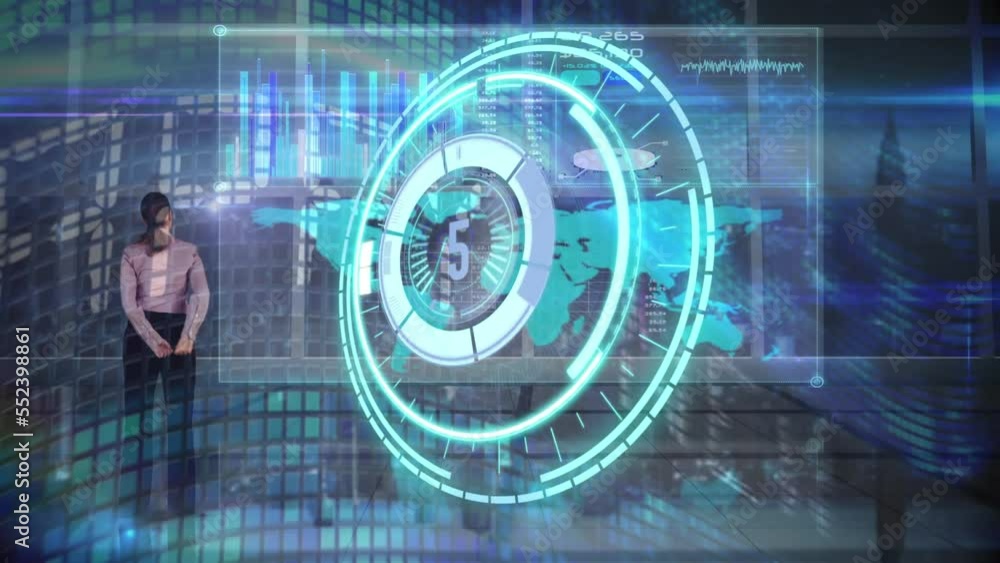 Aufkleber animation of countdown over round scanner against rear view of businesswoman and data processing