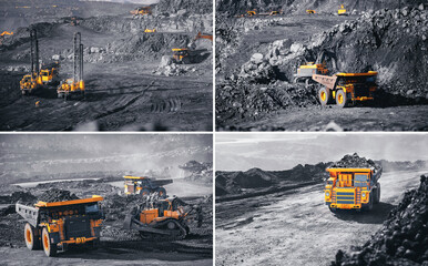 Banner industry coal mining factory. Collage Process work yellow track on Open pit mine