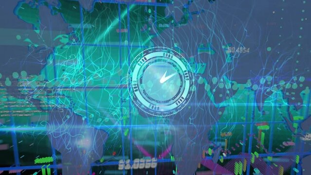 Animation of neon ticking clock over financial data processing and world map against blue background