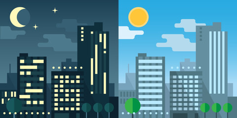 Cityscape. Night and day city. Vector stock illustration