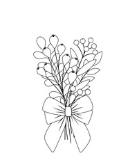 Coloring page. Bouquet of berries and leaves with bow. Black and white. Vector