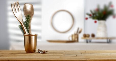 A wooden table in the interior of a Christmas mood and free space