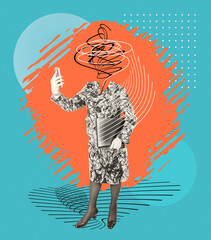 Woman in business. Contemporary art collage made of shot of mature women working hardly isolated over blue background, Concept of lady boss, finance, career, leader, team.