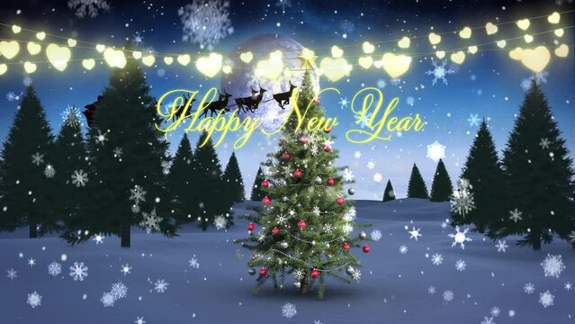 Animation of happy new year text, fairy lights and snow over christmas tree on winter landscape