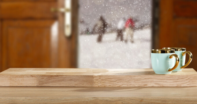 A wooden table in the interior of a Christmas mood and free space