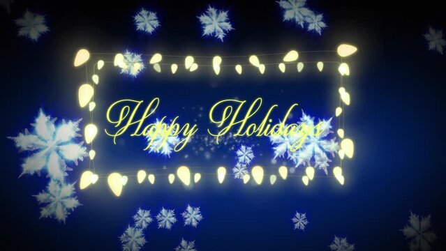 Animation of happy holidays text over fairy lights banner against snowflake icons on blue background