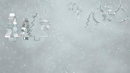 Silver Christmas tree, star and light bulb ornaments hanging against white defocused background. 3d Illustration