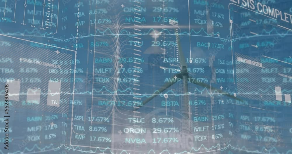 Aufkleber Animation of interface with stock market data processing over spinning windmill against blue sky
