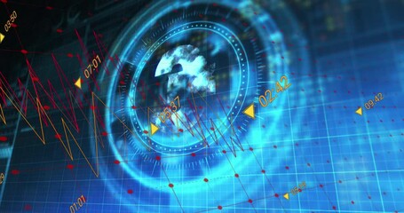 Animation of financial data processing over scope scanning with euro symbol on black background - Powered by Adobe