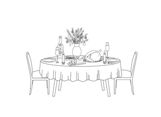 Festive table Coloring page. Black and white Christmas table. Color me. Vector