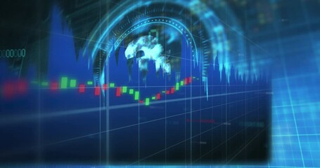 Animation of financial data processing over scope scanning with euro symbol on black background - Powered by Adobe
