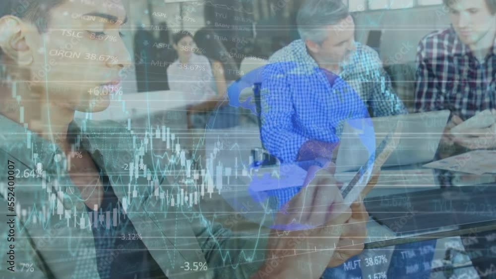 Poster the executive is using a digital tablet to view financial data and graphs