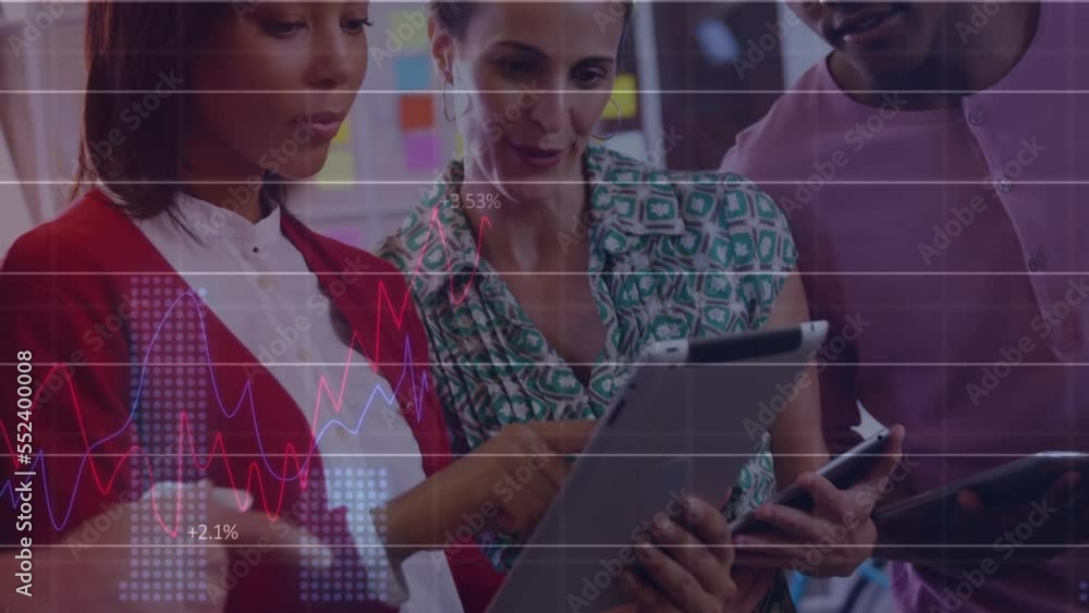 Poster animation of financial graphs and data over diverse coworkers working on tablet in office
